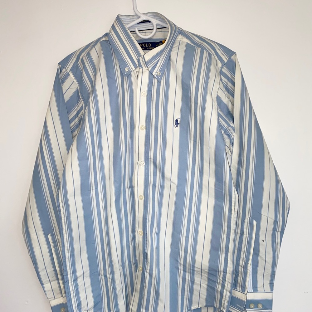 Polo by Ralph Lauren Men's Light Blue and White Striped Shirt